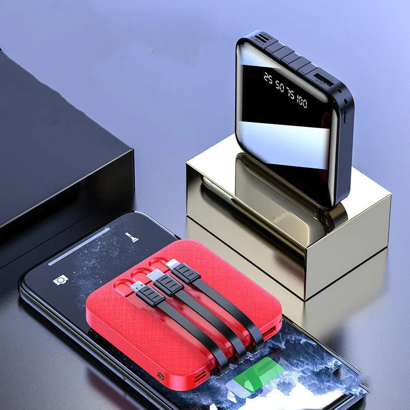 Mirror three-wire power bank in black or red plastic case showing dimensions