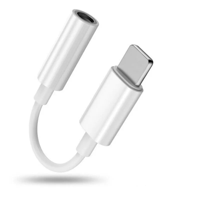White lightning to 3.5mm audio adapter cable for iPhones showing three variant connectors