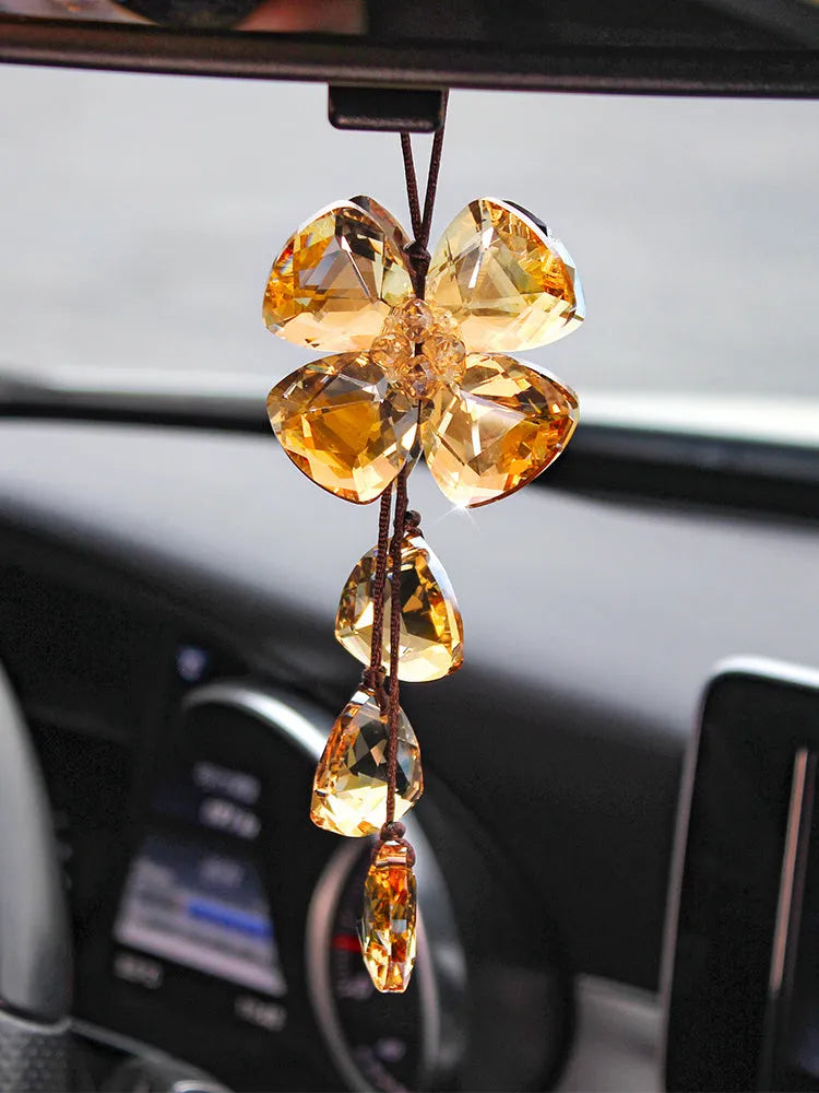 Crystal four leaf grass car pendant hanging, approximately 20cm long, in champagne colour option