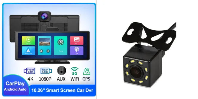 10.26-inch car DVR dash cam with touch screen, front and rear camera, showing split-screen display.