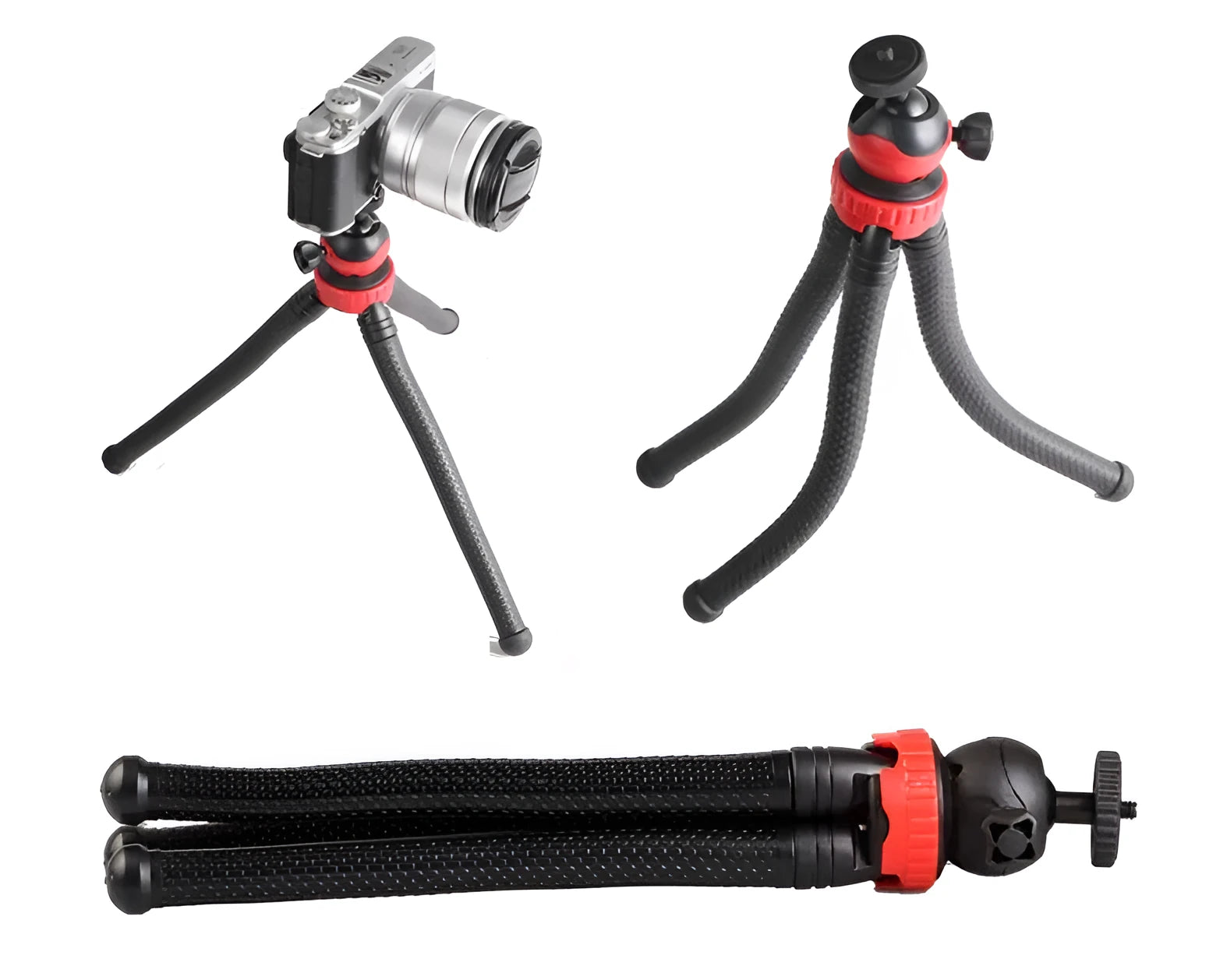 Black octopus tripod stand with flexible rubber legs and a spherical gimbal head for cameras and phones.