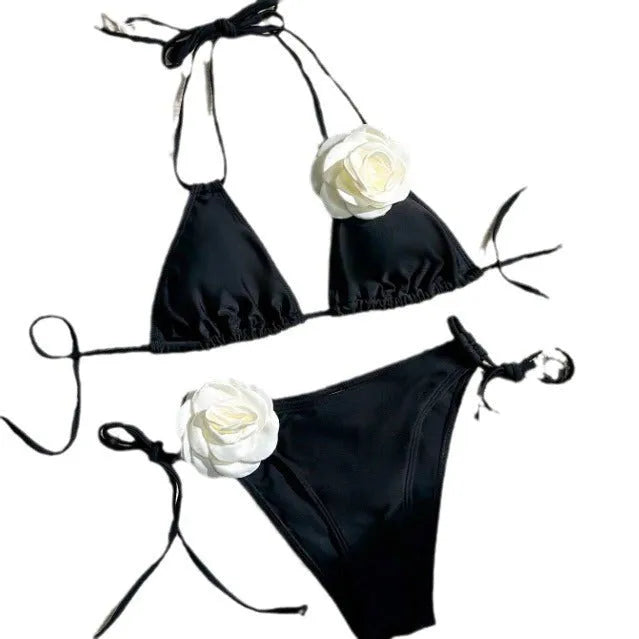 Black women's two-piece bikini with 3D floral lace detail on drawstring waistband, backless design.