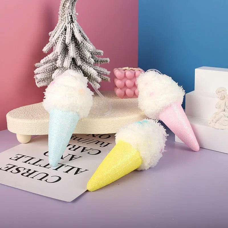 Foam Christmas macaron colour series pendant in ice cream shape, pink colour, hanging on a Christmas tree branch