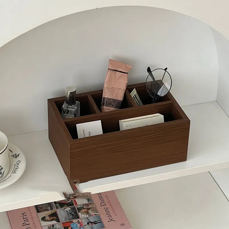 Retro wood desktop grid storage box – short four-cell tray with wooden surface