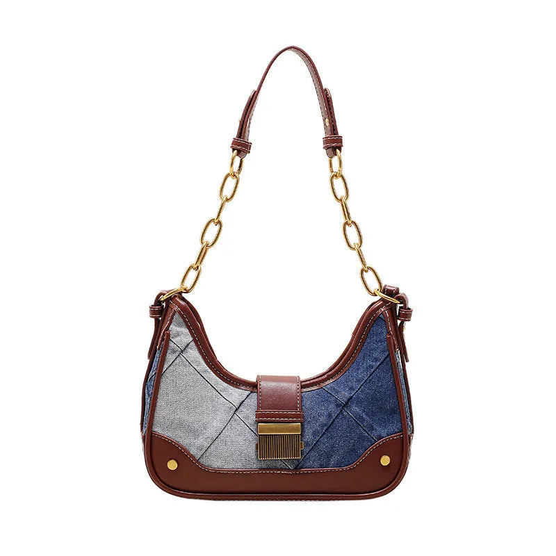 Brown denim women's bucket shoulder bag with diamond mesh panels and chain straps
