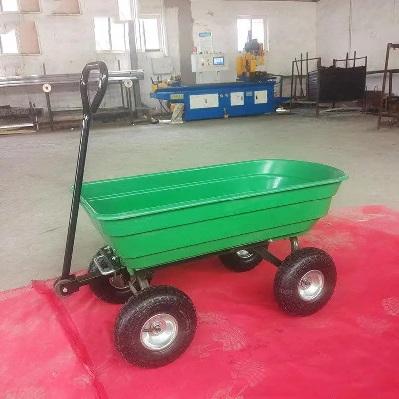 Green four-wheel plastic agricultural dumptruck with steel PP construction and 350kg load capacity