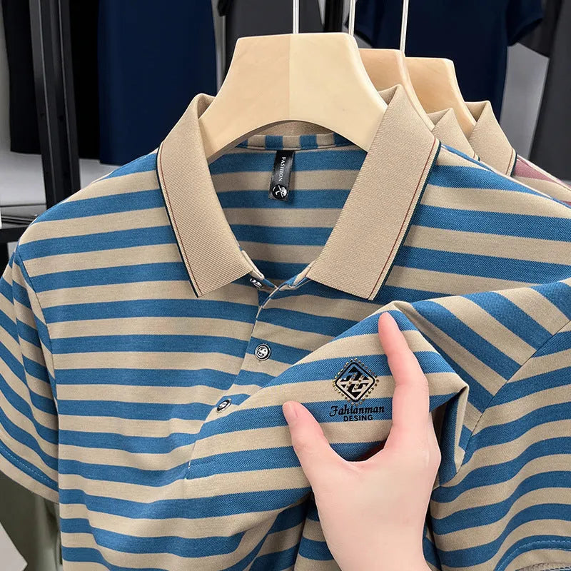 Man wearing a red striped short sleeve casual T-shirt with a mosaic pattern.
