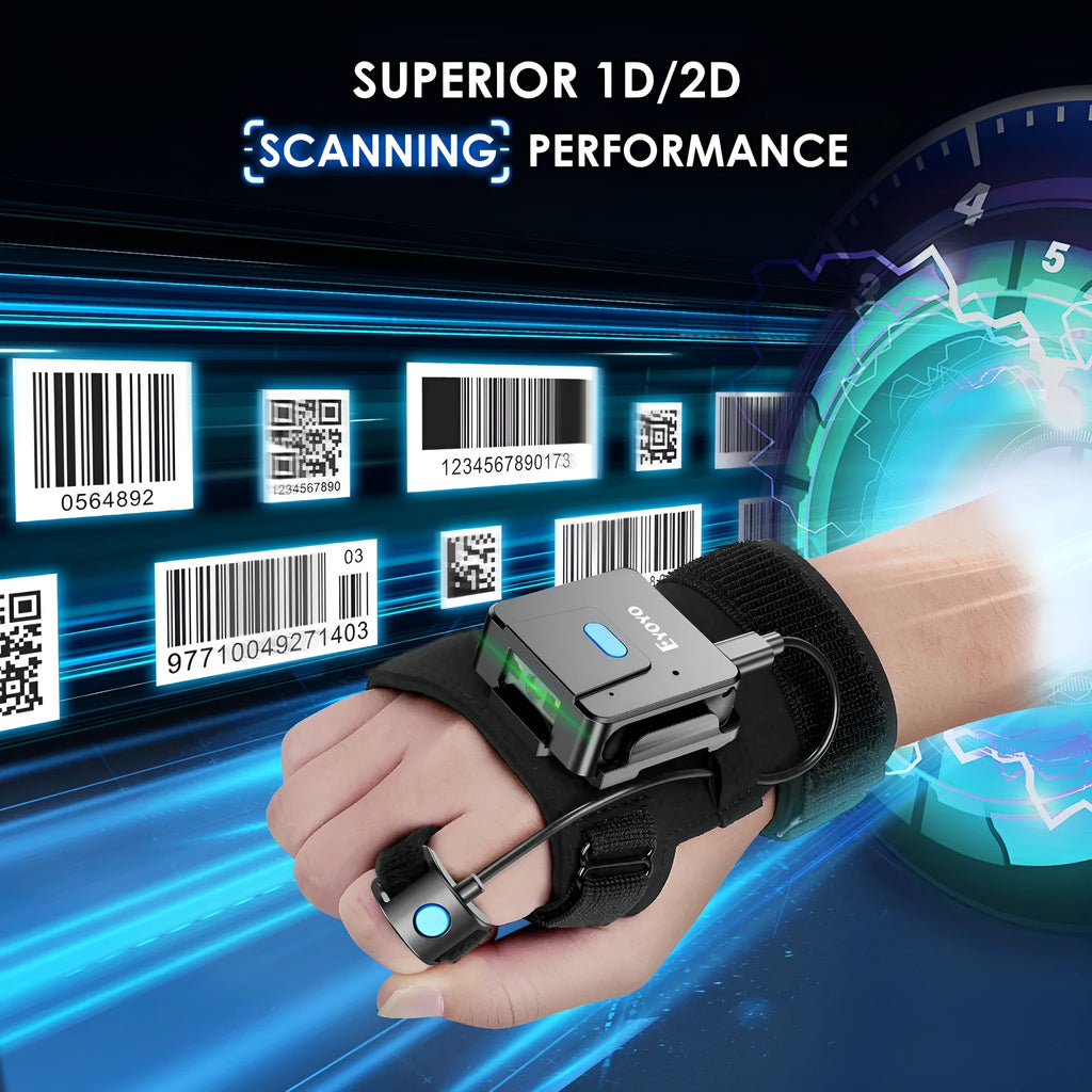 Wearable barcode scanner gloves with wrist-mounted design and Bluetooth wireless connectivity