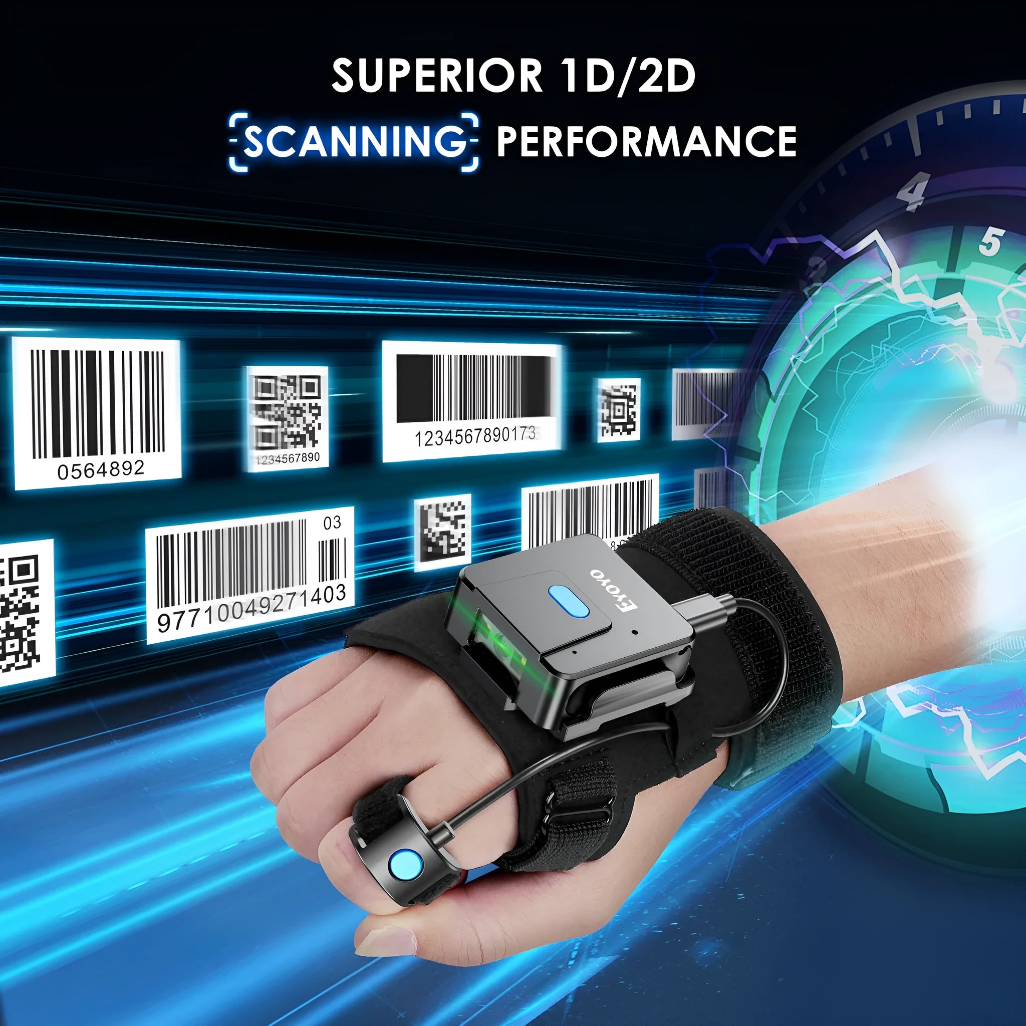 Wearable barcode scanner gloves with wrist-mounted design and Bluetooth wireless connectivity