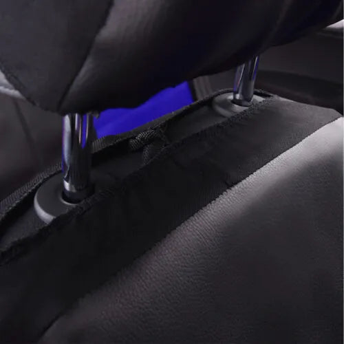Universal artificial leather car seat covers in a 9-piece set showing front seat, headrest, and back seat pieces.