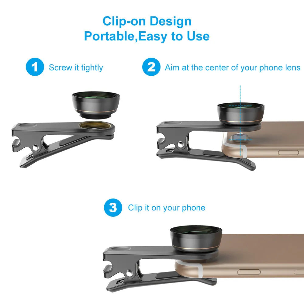 Black 6-in-1 universal smartphone camera lens kit with fisheye, macro, wide-angle, telephoto, filters, clip, and case.