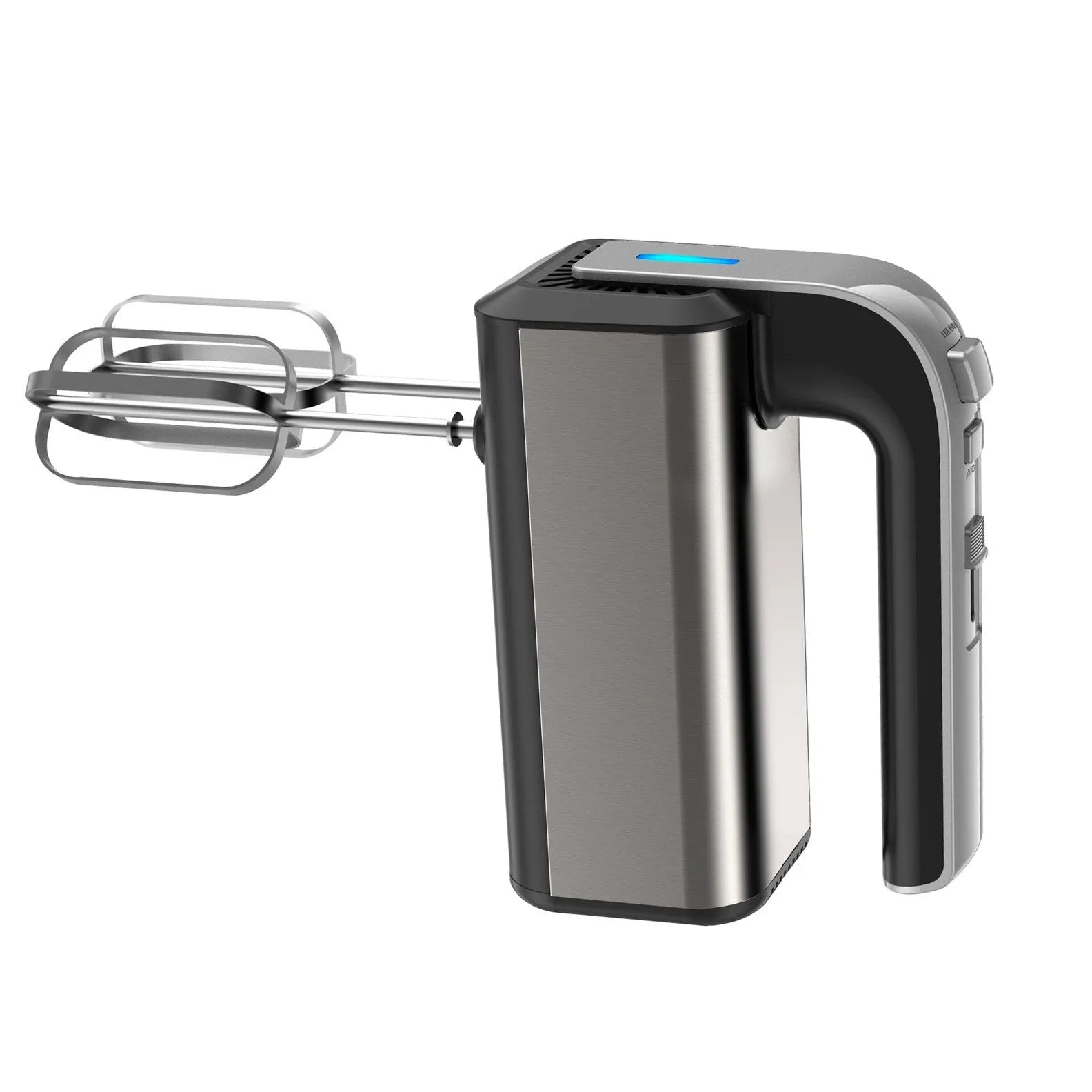 Silver handheld electric whisk with five-speed settings for kitchen mixing tasks