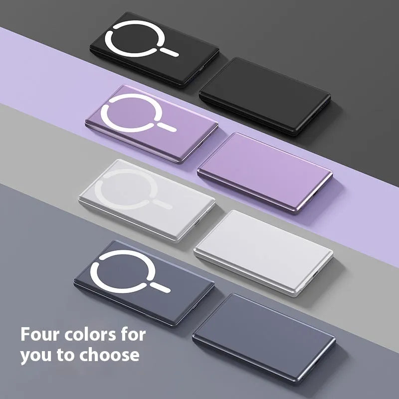 Ultra-thin magnetic power bank with alloy shell in dark gray colour showing 9mm slim profile