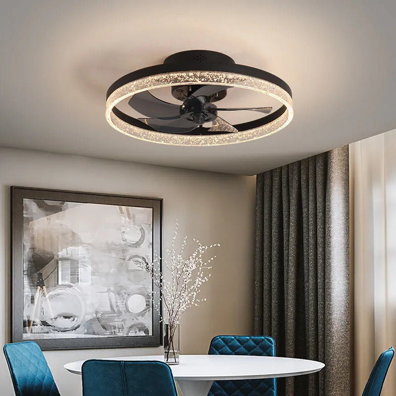 Nordic style ceiling fan light with wooden blades and a white lamp housing, showing remote control.