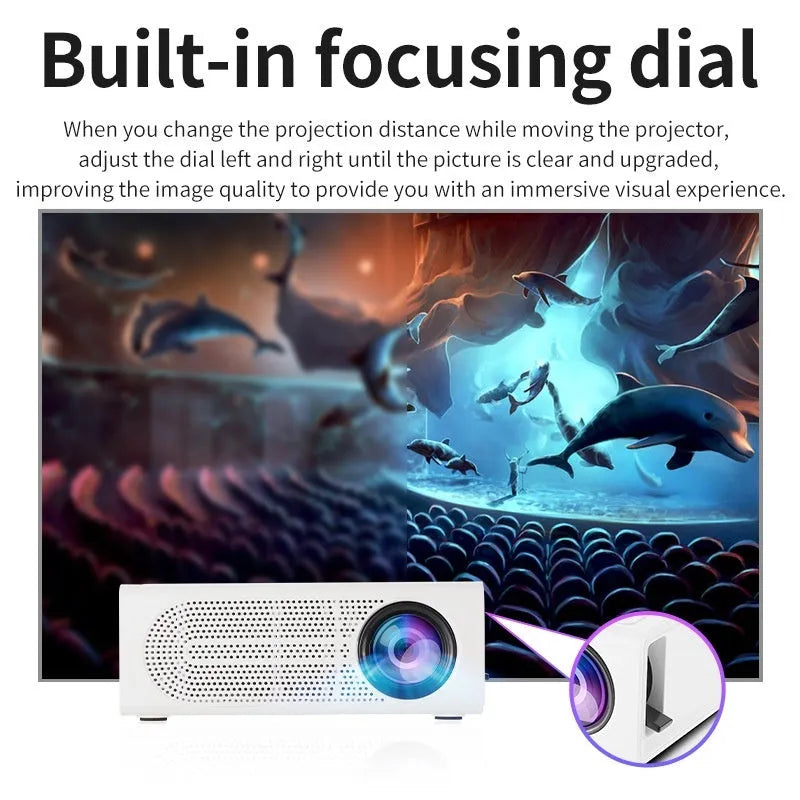 Portable mini projector in black or white colour with wired smartphone connection for screen mirroring