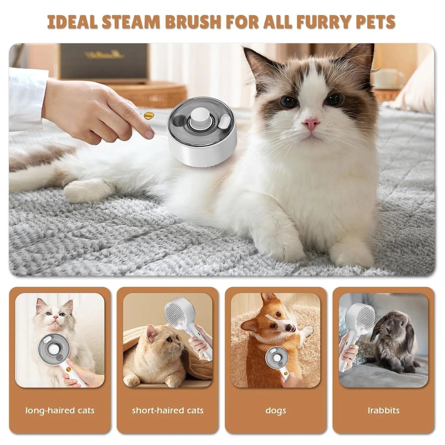 Pink and white cat steam brush with spray tank, stainless steel bent bristles, and a one-click hair removal button.