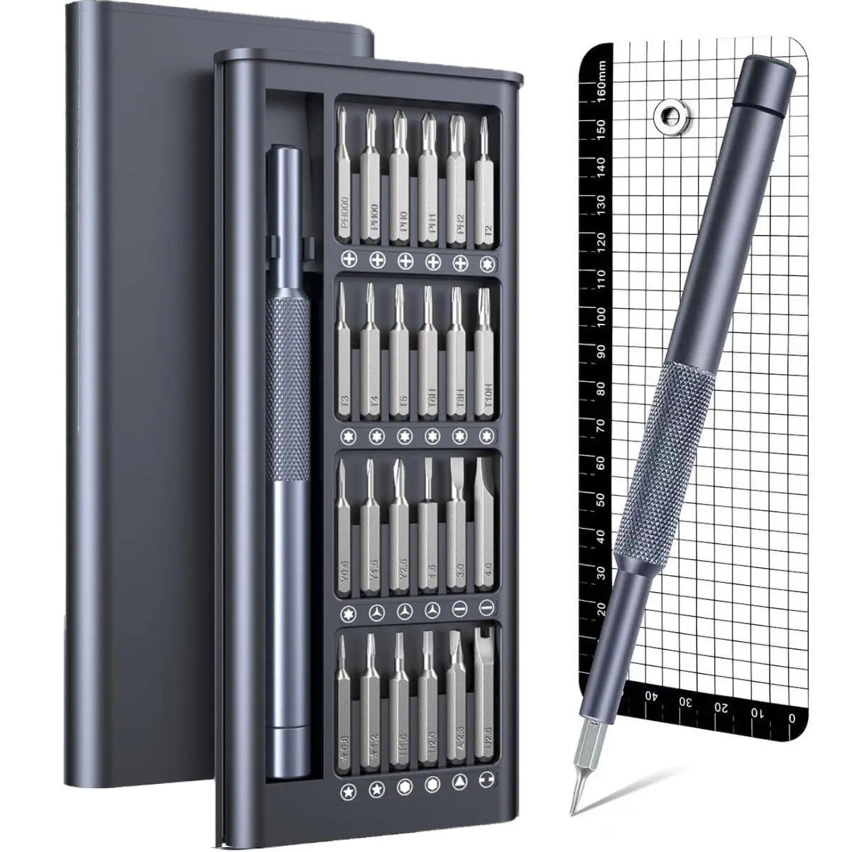 25-in-one magnetic screwdriver set with knurled handle, showing chrome vanadium steel bits.
