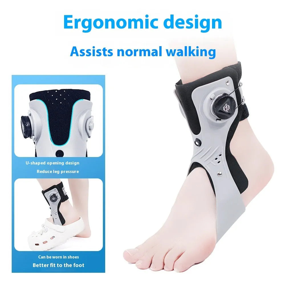 Grey and black ankle support brace with airbag button fixation, shown in left and right foot versions.