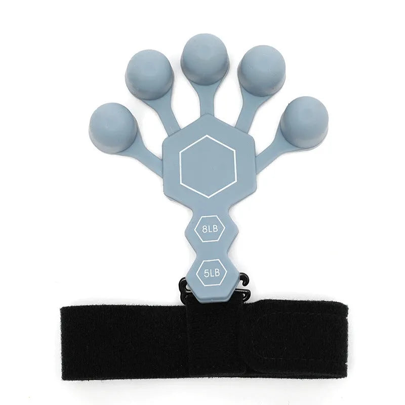 Grey and black silicone hand trainer brace for five-finger rehabilitation and strength training