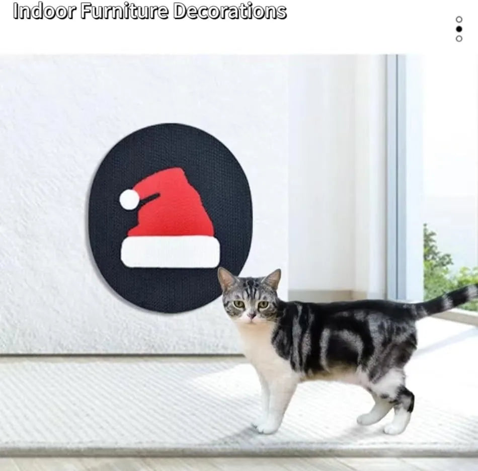 Vertical wall-mounted cat scratching pad made of corrugated cardboard on a wall.