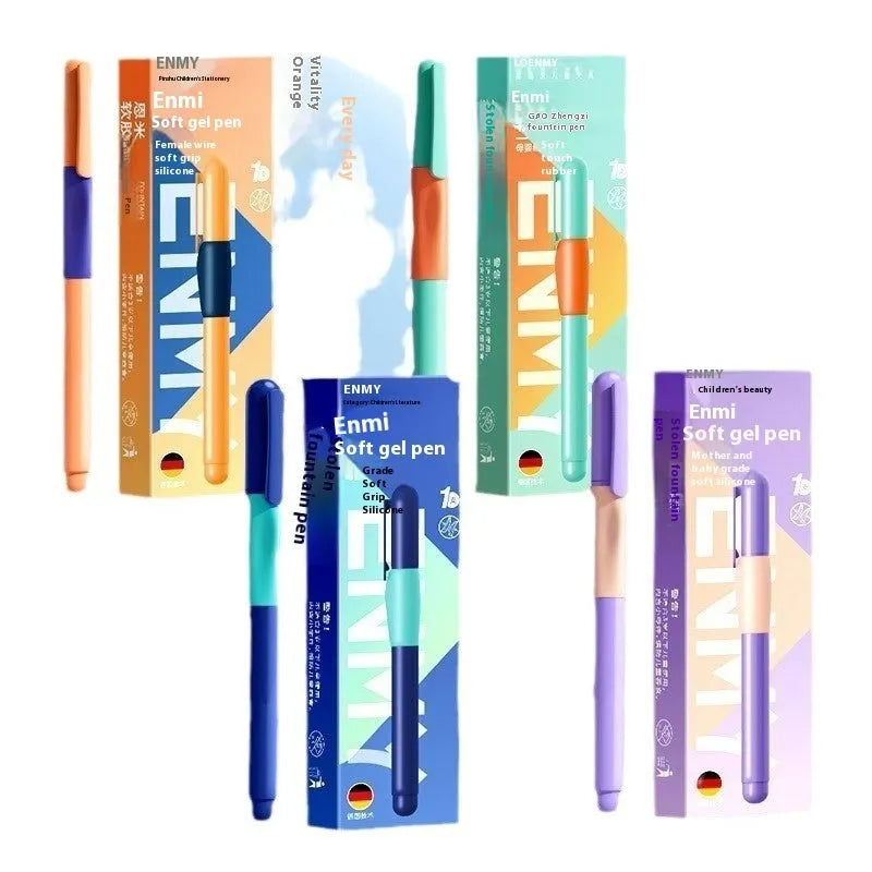 Student Posture Correction Pen with triangular grip in blue, green, purple, and orange options.