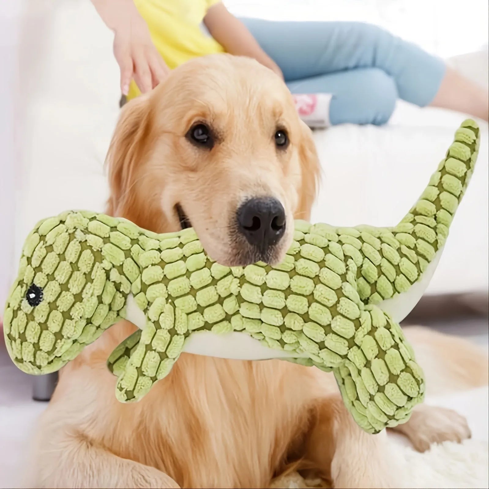 Grey, green, or orange dog toy with sound for bite-resistant chewing and boredom relief