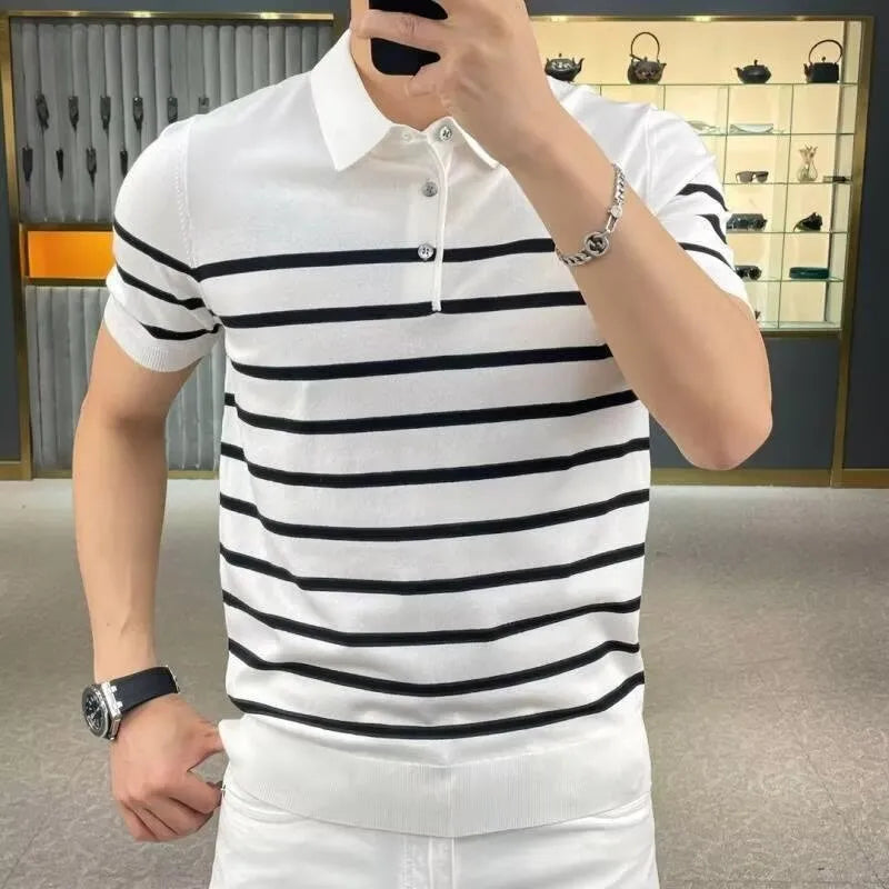 Striped lapel knitted T-shirt in black and white colour options showing pullover style