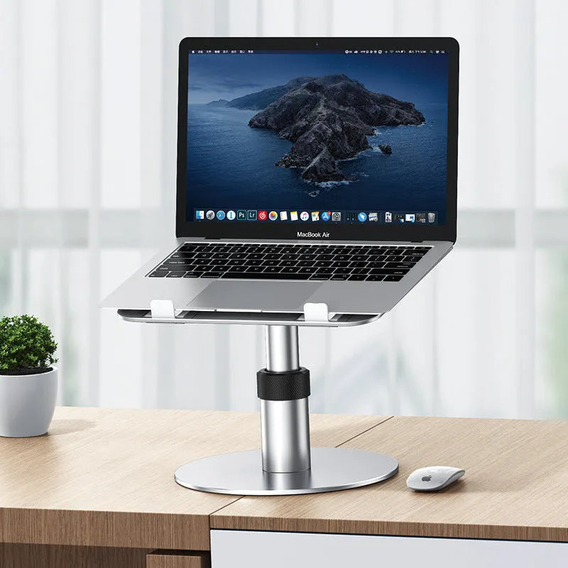 Silver adjustable car laptop stand with rotating base and non-slip silicone pads