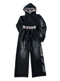 Men's black and white punk print pullover hoodie and pants tracksuit set on a hanger.