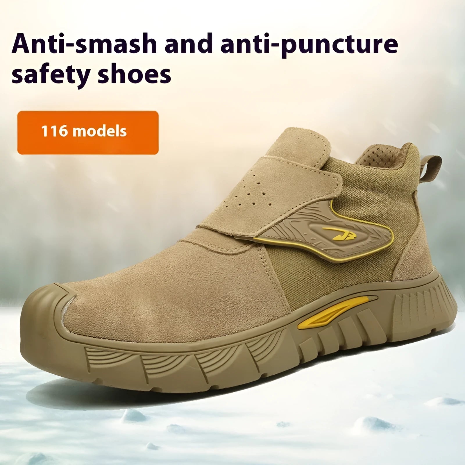 Brown leather men's work safety shoe with rubber sole, shown on a grey background.
