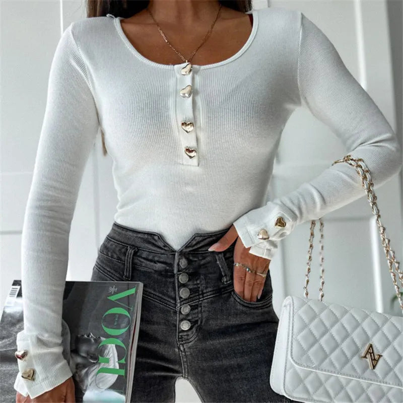 Women's button long sleeve U-neck oversized t-shirt in solid colour, available in white black khaki sizes S to XXXL