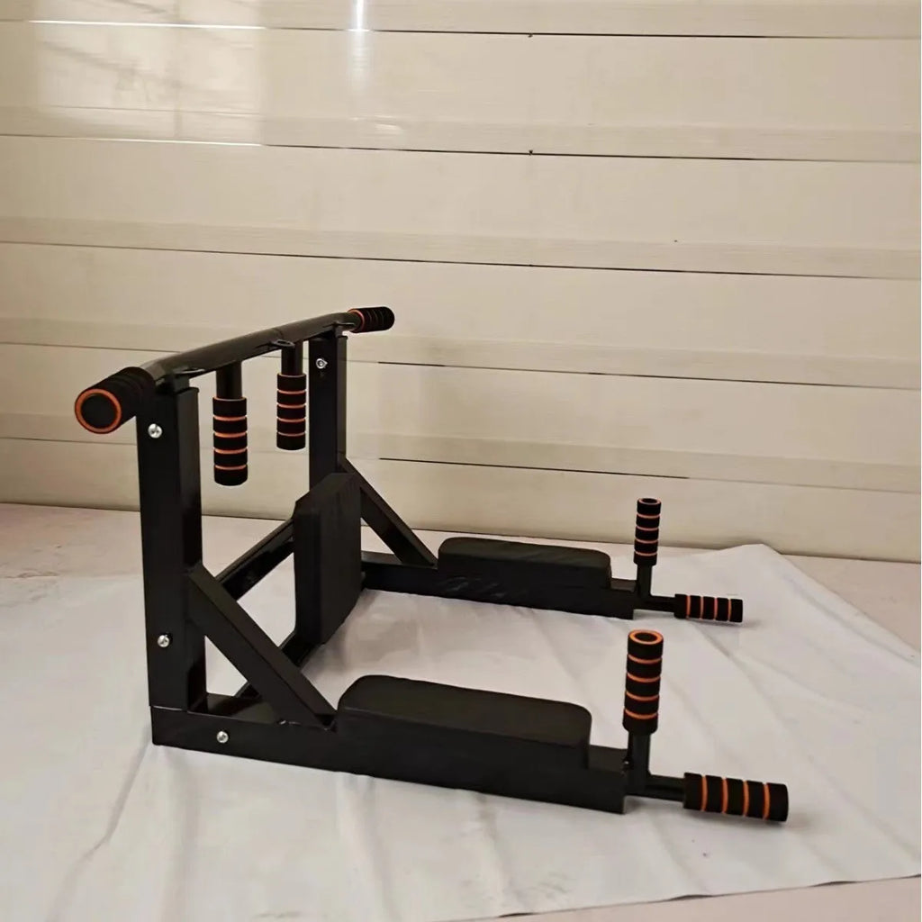 Matte black wall-mounted sandbag rack with integrated single parallel bars pull-up fitness equipment