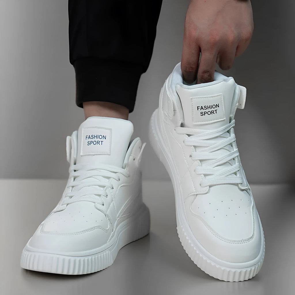 Men's white casual shoes with a microfiber upper and round toe for autumn and winter wear.