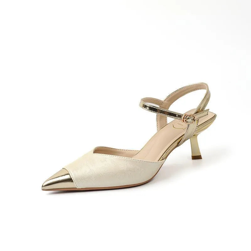 Women's genuine leather high-heeled sandals with pointed toe and 6cm heel in four colours.
