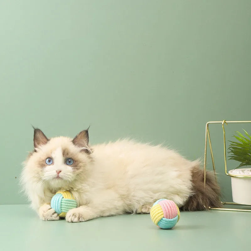 Handmade blue powder and green cat plush ball toy measuring 5cm.