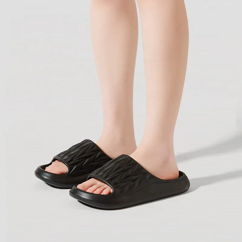 Leaf texture EVA household slippers in various colours showing breathable design for indoor use