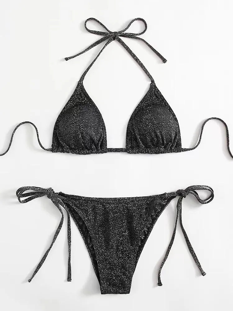 Women's khaki gold bandage detail bikini swimsuit set on a mannequin, showing top and briefs.