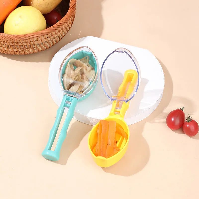 Yellow peeling knife with a stainless steel blade and a matching plastic storage lid on a kitchen worktop.