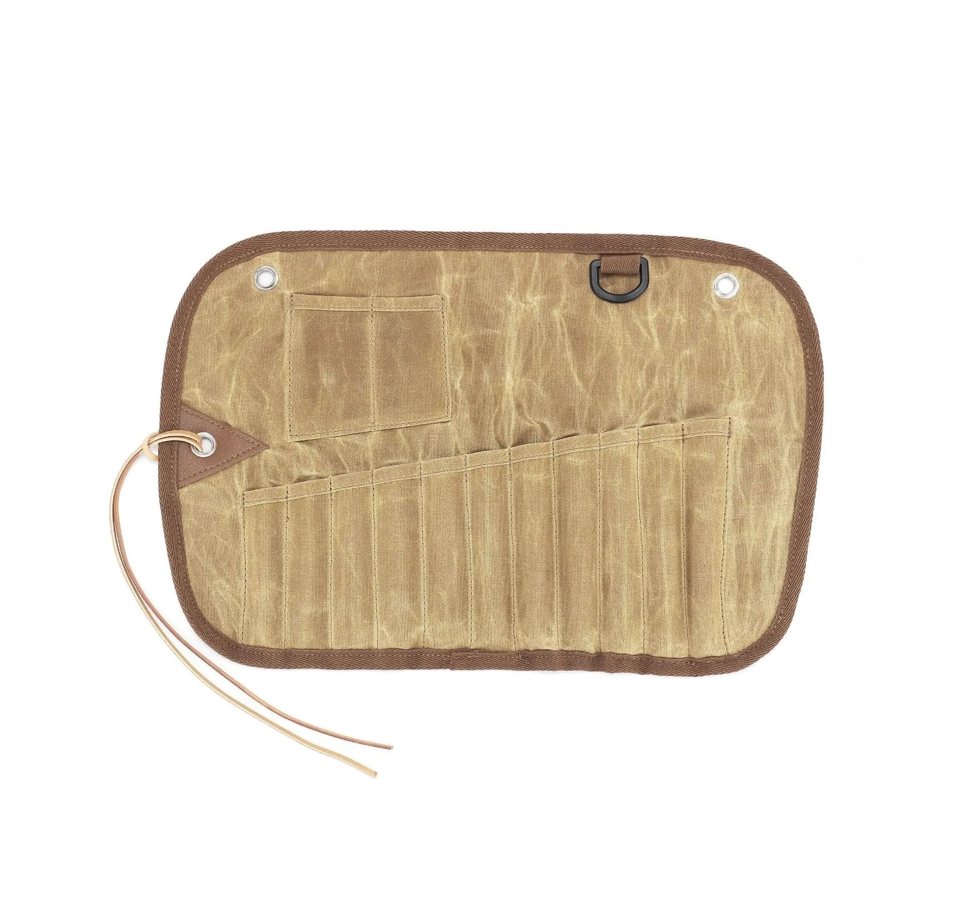 Beige waxed canvas tableware storage bag with wooden handle chopsticks, knives, forks, and spoons inside.