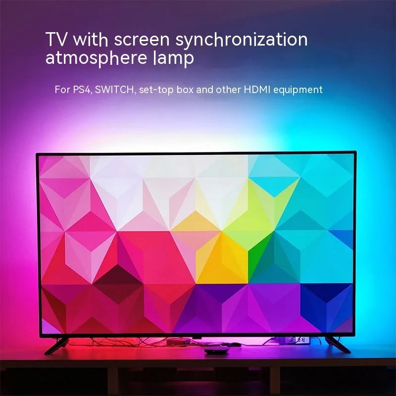 Smart TV sync ambience light streamer with colourful LED lighting behind television