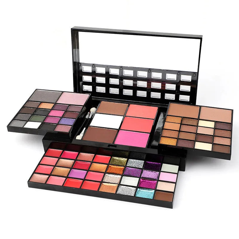 74 colour makeup palette set with four layers, mirror and brushes including eyeshadows and lip glosses