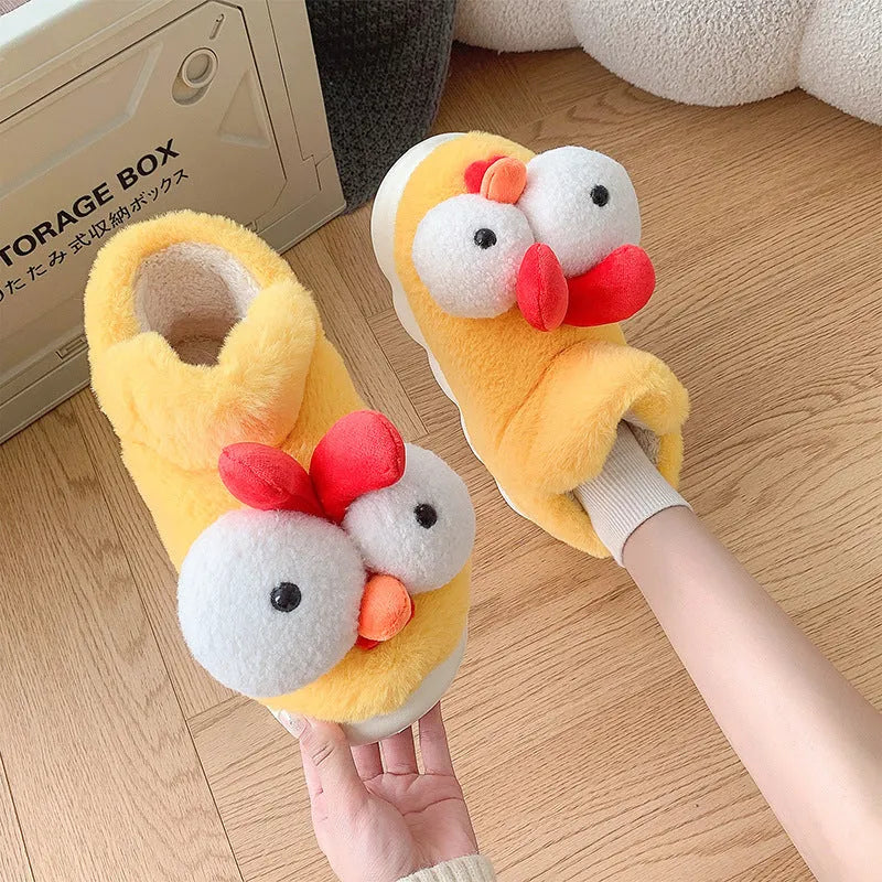 Unisex cute chick cotton slippers in yellow with artificial plush upper, indoor winter wear