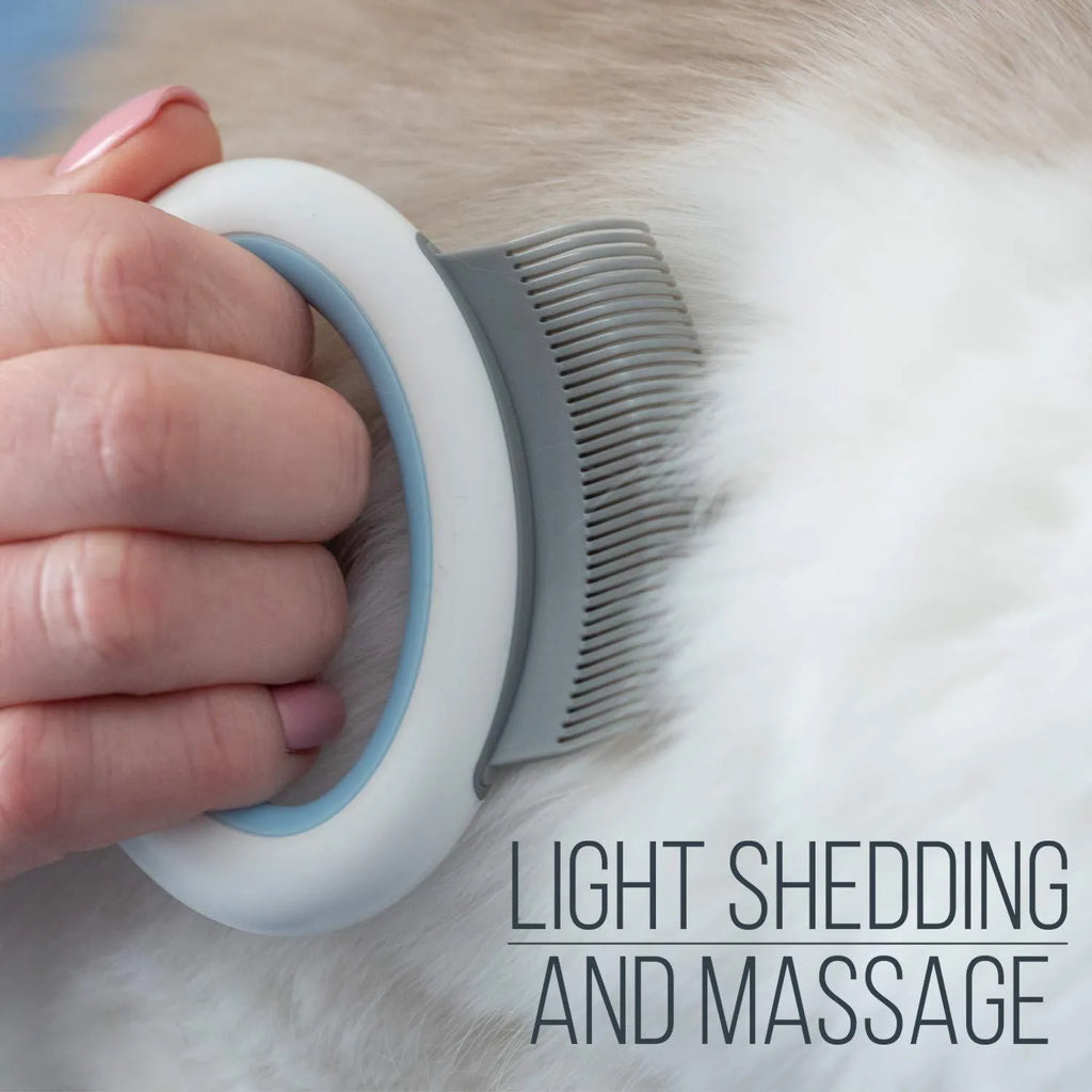 Blue pet grooming comb with ergonomic handle for cat and dog deshedding