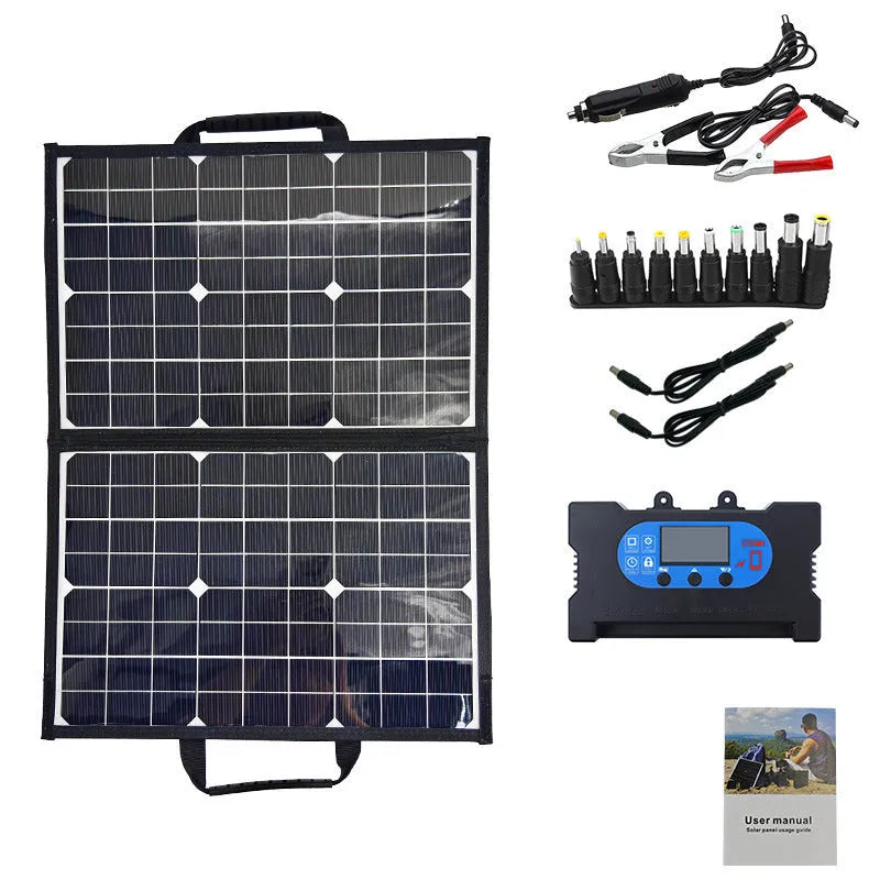 Black 40W folding solar charger bag showing compact folded size and single crystal panel.