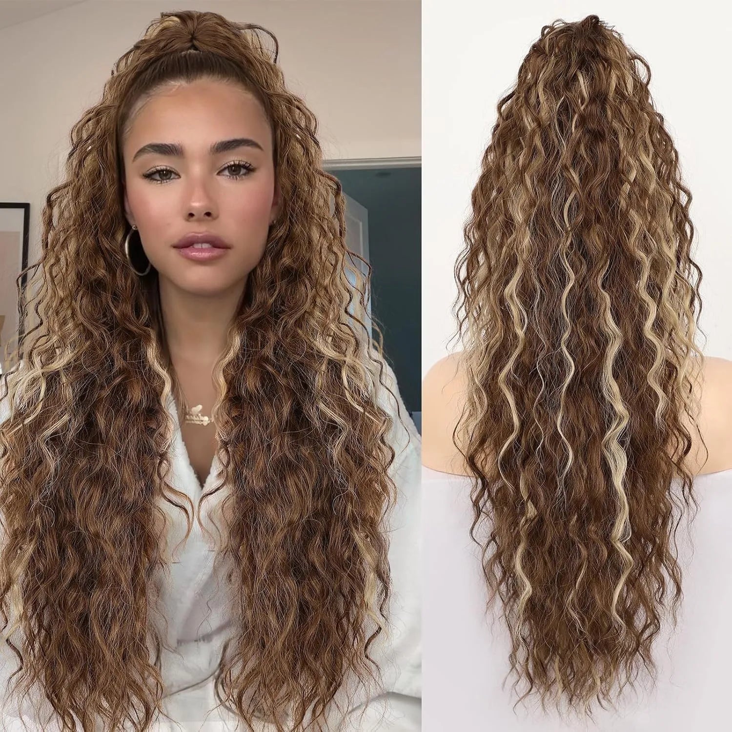 Long curly synthetic ponytail wig in high temperature fibre, 30 inches in length.