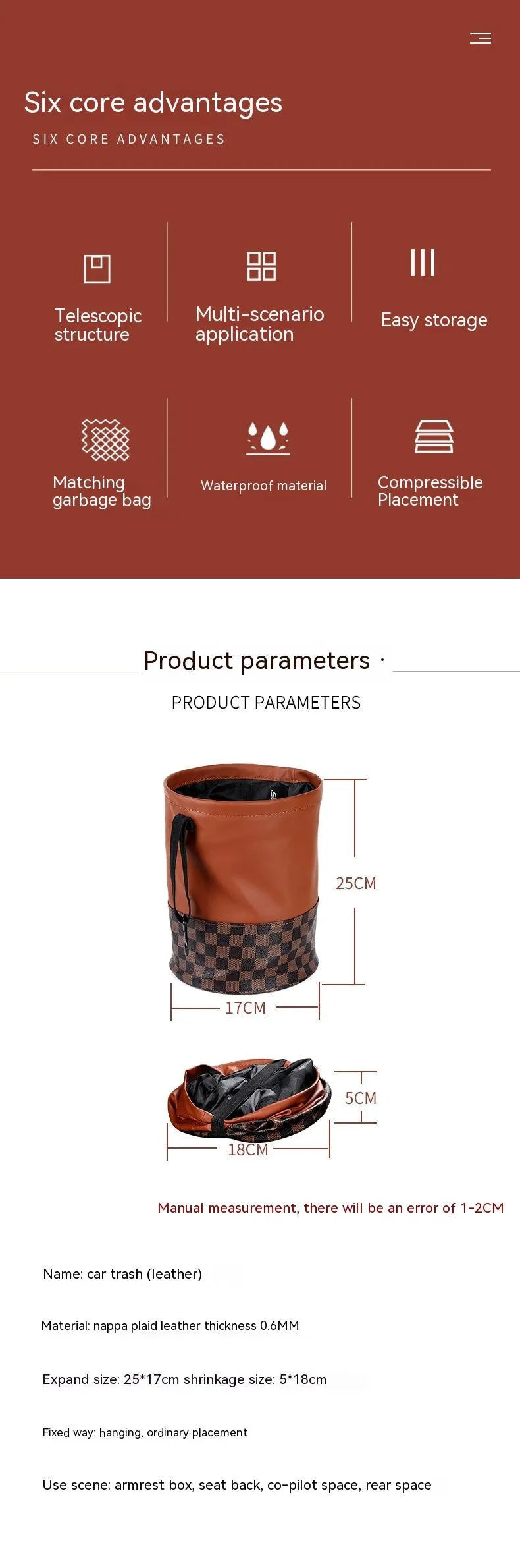 Retractable leather interior car trash can with handle in folded and extended positions