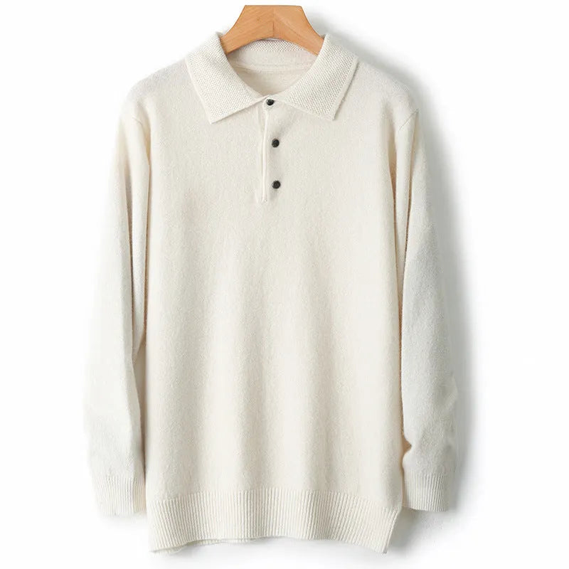 Men's polo collar wool sweater in noble blue colour showing long sleeves and knit texture