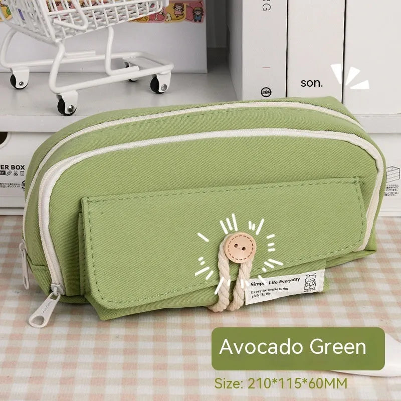Korean-style large capacity canvas pencil case in green, beige, blue, and grey colour options.