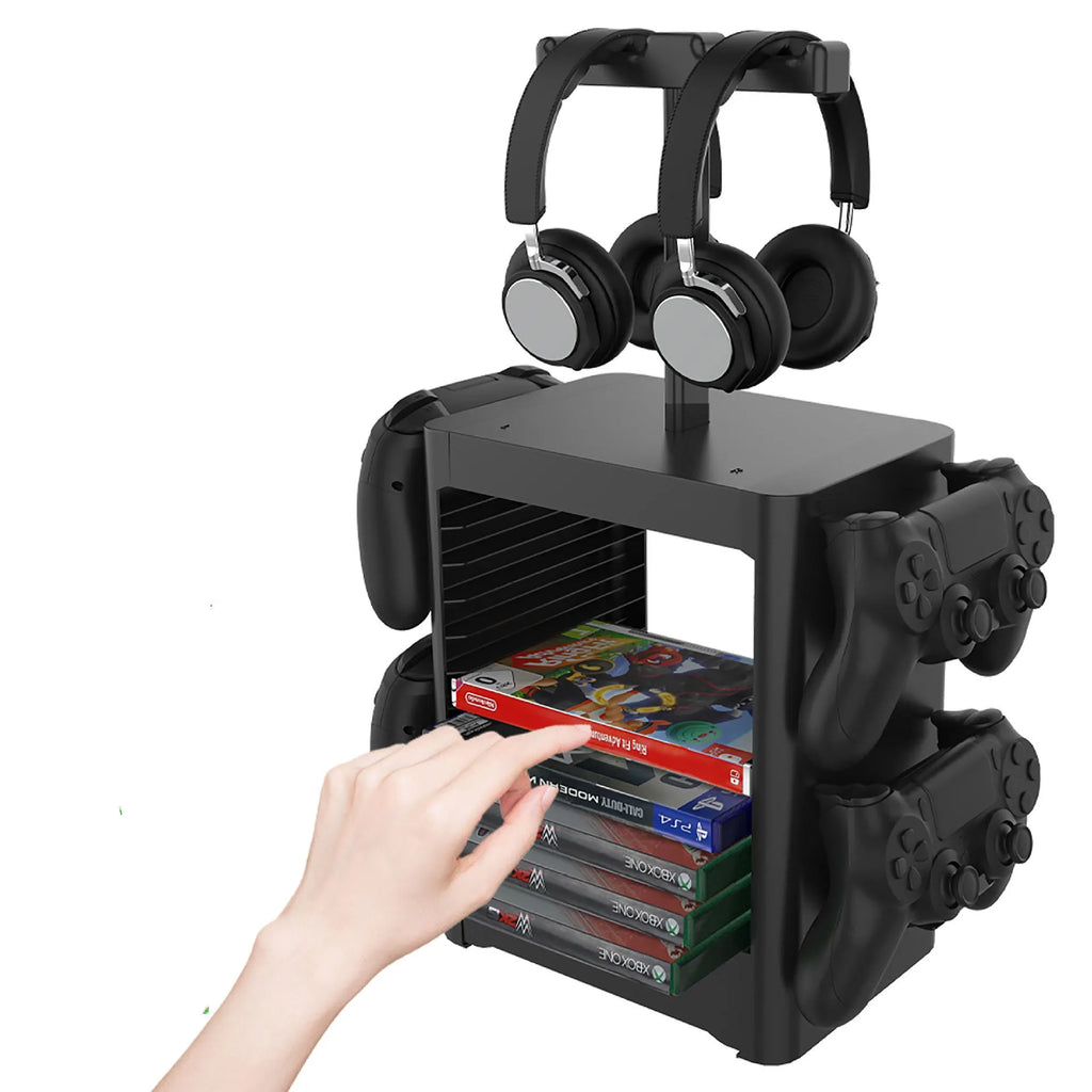 Black game controller storage rack with accessory hooks and drawer for PS5 Xbox Switch