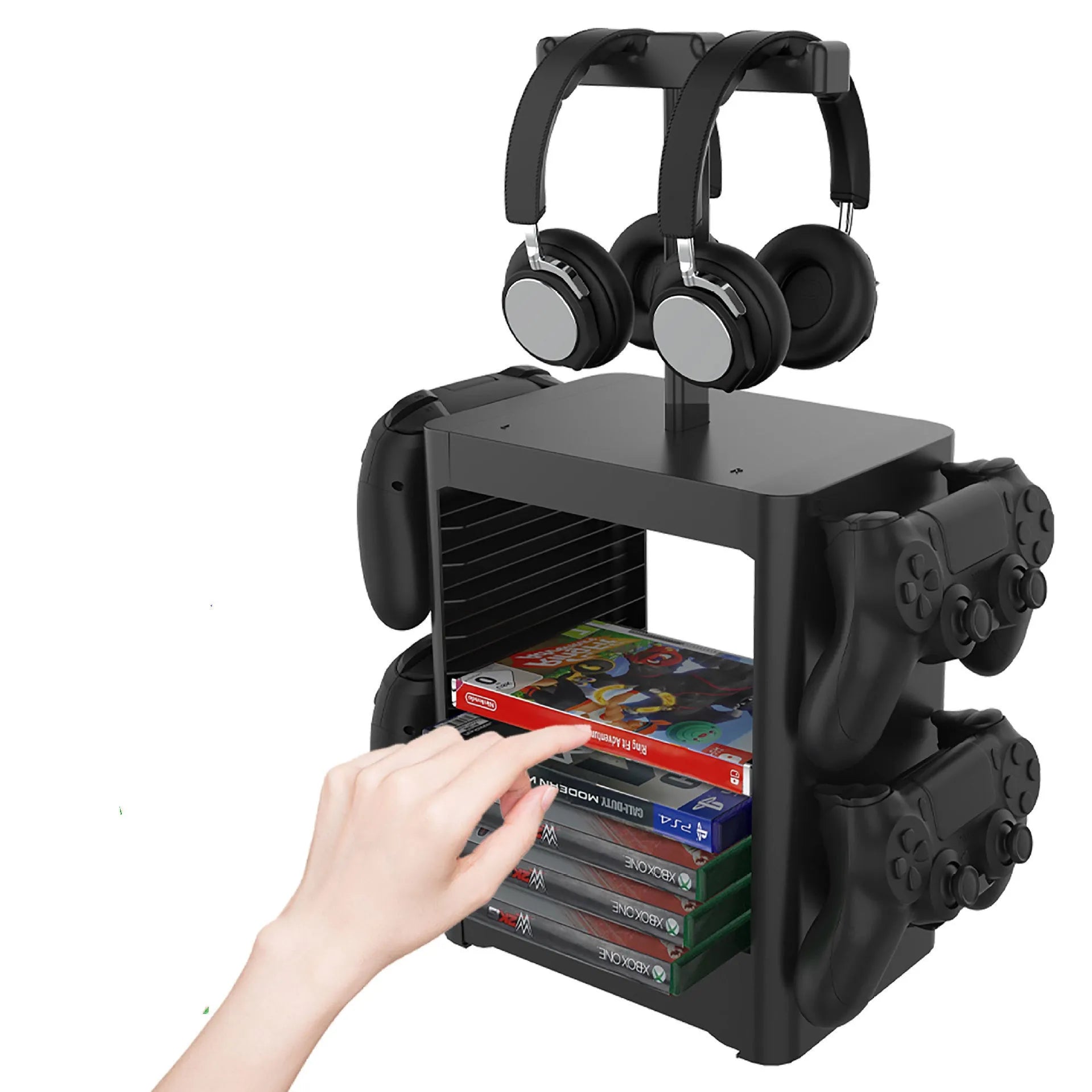 Black game controller storage rack with accessory hooks and drawer for PS5 Xbox Switch